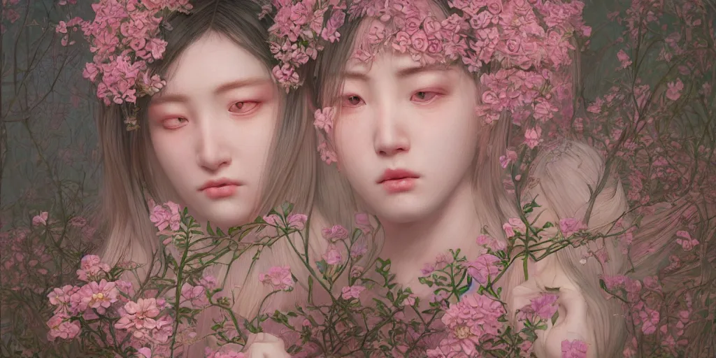 Image similar to breathtaking detailed weird concept art painting of few goddesses of light pink flowers, orthodox saint, with anxious, piercing eyes, ornate background, amalgamation of leaves and flowers, by Hsiao-Ron Cheng, extremely moody lighting, 8K