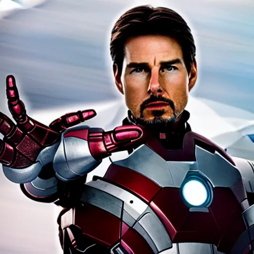 Image similar to A photo of Tom Cruise wearing as Iron man suit, head shoot, promo shot, highly detailed, sharp focus, kodak film, outdoor, dynamic lighting