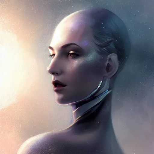 Image similar to scifi, illustration, slender symmetrical face and body, artstation, cinematic lighting, hyperdetailed, cgsociety, 8 k, high resolution, in style of charlie bowater, tom bagshaw, insanely detailed and intricate, beautiful, elegant, golden ratio, dark fractal background, vfx, art deco, postprocessing