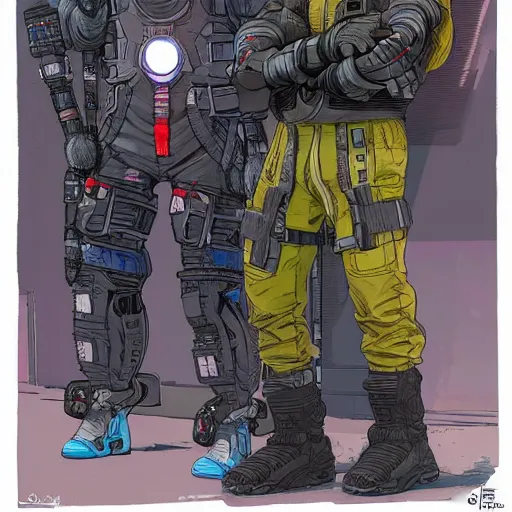 Image similar to Apex legends cyberpunk weight lifter. Concept art by James Gurney and Mœbius.