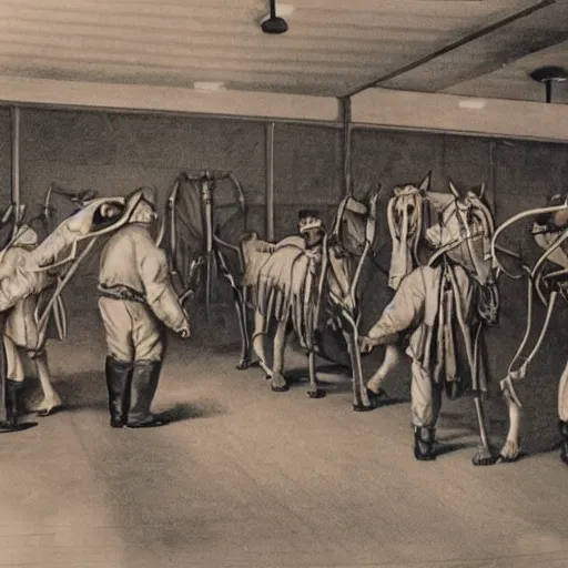 Image similar to horses dressed as nurses performing an operation