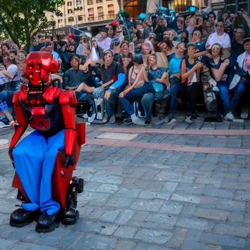 Image similar to a futuristic cyberpunk jester robot entertaining a crowd on a small box in the middle of the city square