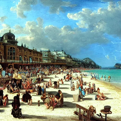 Image similar to Baroque oil painting of a Victorian beach resort, realistic, highly detailed