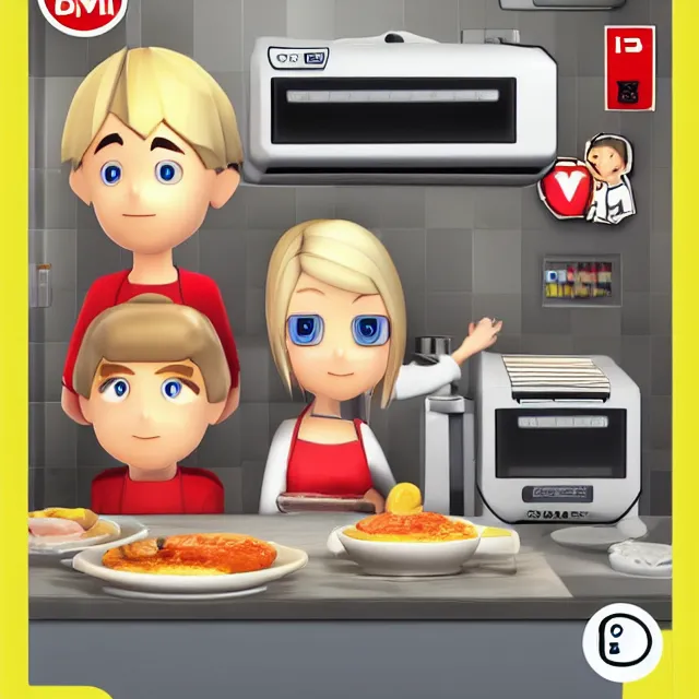 Prompt: videogame box art for the gratin maker 3 ds showing a blonde female mii and a brunette male mii smiling in a kitchen with a gratin in front of them, low poly, cgi cartoon, detailed