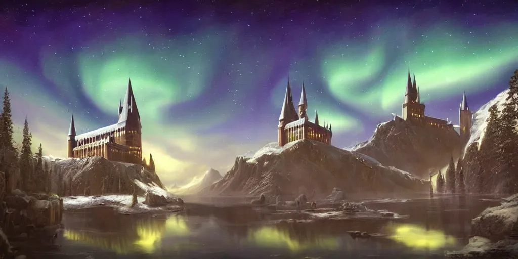 Image similar to mysterious painting of Hogwarts under the northern lights, immaculate scale, hyper-realistic, Unreal Engine, Octane Render, digital art, trending on Artstation, 16k, detailed, atmospheric, immaculate