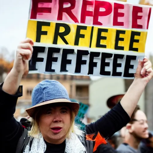 Image similar to protester holding a sign that says free hat