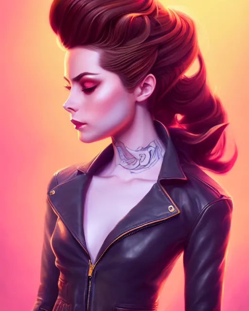 Image similar to a portrait of a beautiful willa holland pompadour long hair leather jacket, art by lois van baarle and loish and ross tran and rossdraws and sam yang and samdoesarts and artgerm, digital art, highly detailed, intricate, sharp focus, trending on artstation hq, deviantart, unreal engine 5, 4 k uhd image