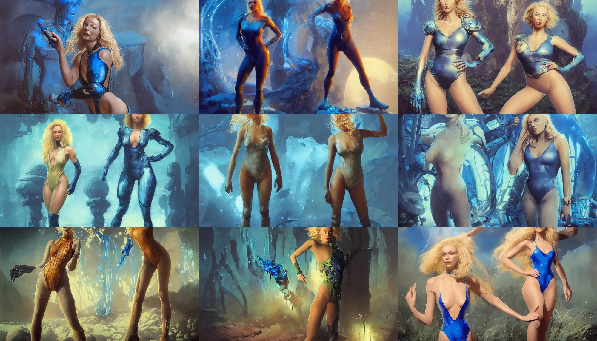 Prompt: A mixed media portrait painting of a beautiful blonde woman posing on glowing blue mushrooms in mire, soldier, futuristic sci-fi armored one-piece swimsuit and boots, detailed Aesthetic! face and eyes, slavic, scientist, by Beeple, Frank Frazetta, Greg Rutkowski, Christian MacNevin, Boris Vallejo, epic fantasy character art, high fantasy, CGsociety, 60's Sci-fi Pinup, exquisite detail, post-processing, masterpiece, cinematic, crysis