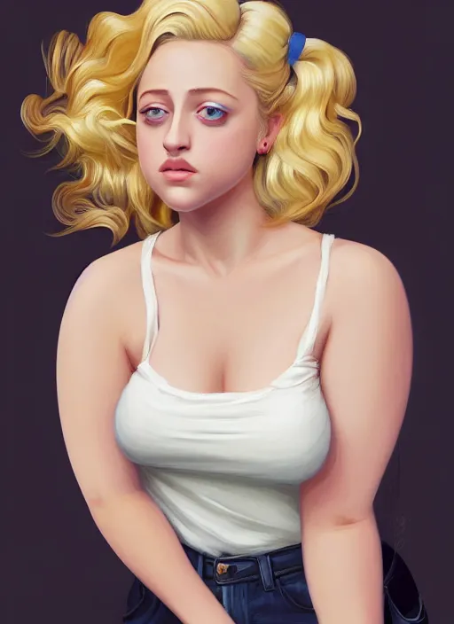 Image similar to full body portrait, teenage lili reinhart, blonde hair, obese, bangs, ponytail, sultry, realistic, sultry smirk, fluffy bangs, curly bangs, fat, belly, intricate, elegant, highly detailed, digital painting, artstation, concept art, smooth, sharp focus, illustration, art by wlop, mars ravelo and greg rutkowski