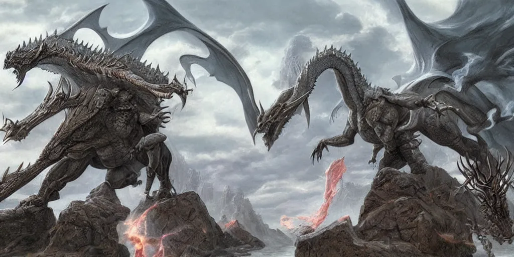 Image similar to ultra realistic illustration, epic high fantasy landscape. elric of melnibone fights an enormous stone dragon graphic art print by michael whalen