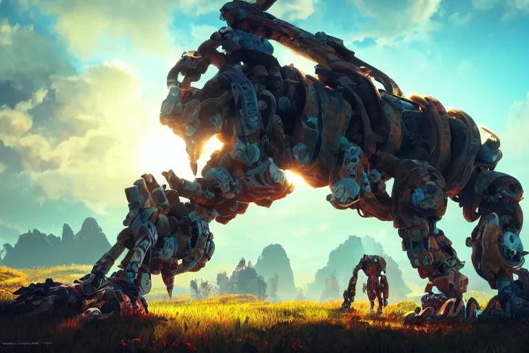 Image similar to shell - walker machine mecanical creature robot of horizon forbidden west horizon zero dawn radiating a glowing aura global illumination ray tracing hdr fanart arstation by ian pesty and alena aenami artworks in 4 k