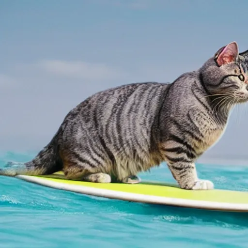 Prompt: a grey tabby cat on a surfboard, the water is all fish, in the style of studio ghibli, bright daylight