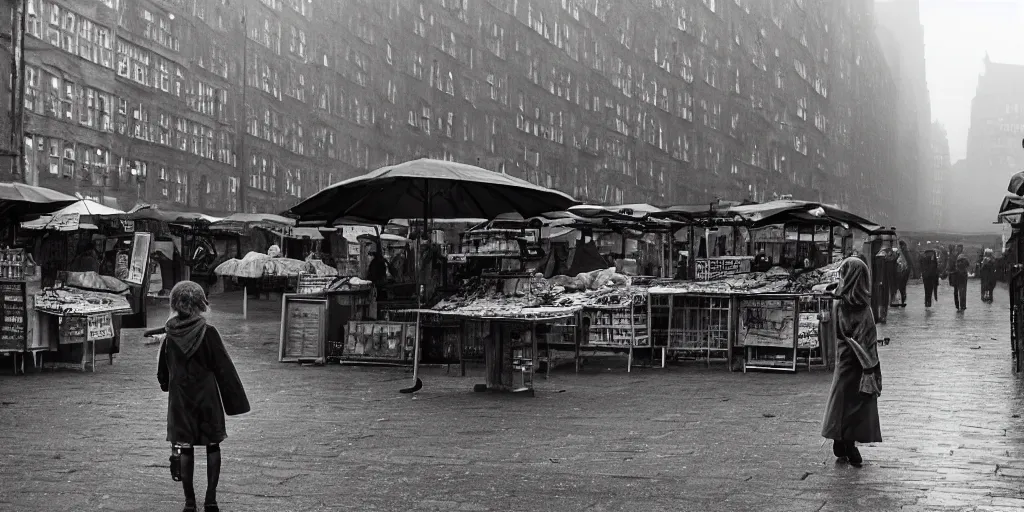 Image similar to medium shot of lonely market stall with umbrellas and sadie sink in hoodie. in ruined square, pedestrians on both sides. steampunk tenements in background : 3 5 mm film, anamorphic, from schindler's list by steven spielberg. cyberpunk, cinematic atmosphere, detailed and intricate, perfect anatomy