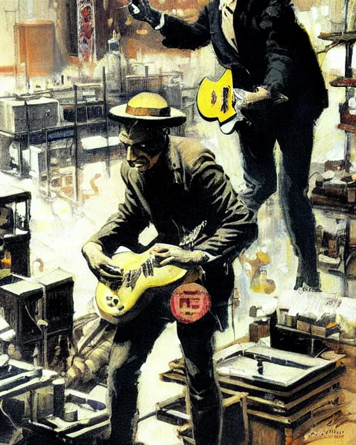 Image similar to Snake Oil salesman shredding on a Gibson Les Paul in a snake oil warehouse, painting by Frank Frazetta