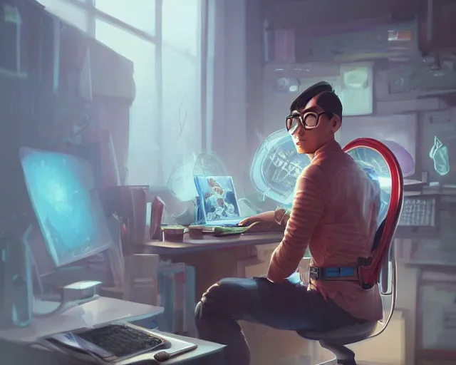 Image similar to an insanely detailed painting of a nerdy asian man wearing a superhero costume, sitting at a desk, staring at the nervously at the computer and typing, in the style of peter mohrbacher, dramatic lighting and composition, octane render, pixar, trending on artstation, concept art, comic book, view from behind