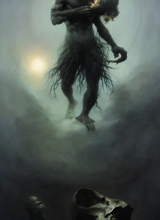 Image similar to shackled in the void of heaven, frank frank frazetta and cgsociety, stunning god sasquatch, charlie bowater and tom bagshaw, insanely detailed, artstation, space art, atoms surrounded by skulls, death, and spirits deep under the haze smaoke, horror, sci - fi, surrealist painting, by peter mohrbacher