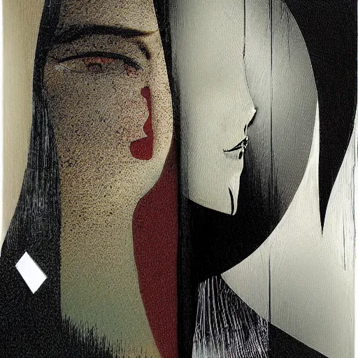 Prompt: The profile of a woman's face, a shadow is facing the other direction, an image split in two, by Dave McKean