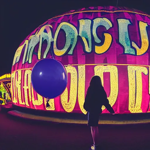 Image similar to a girl holding a balloon at a fairground. buildings with graffiti in the background. silhouette. night. photograph in the style of simon stalenhag