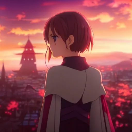 Image similar to emma watson in heavens feel movie, demon slayer, ufotable, kyoani, high quality, key visual, cinematic, city background, night time, rooftop, fate stay night, unlimited blade works, greg rutkowski, extreme close up, rin outfit, anime, high angle, high budget