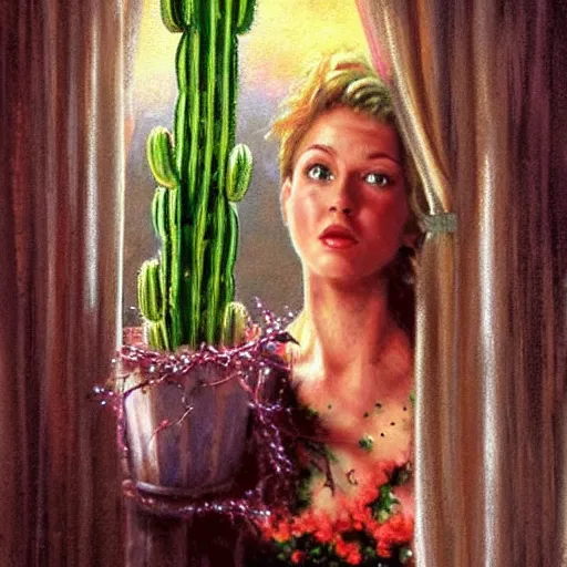 Prompt: realistic portrait beautiful painting from scene of home alone 2 when main character mutate into a cactus mutant. horror, created by thomas kinkade and michaelangelo,.