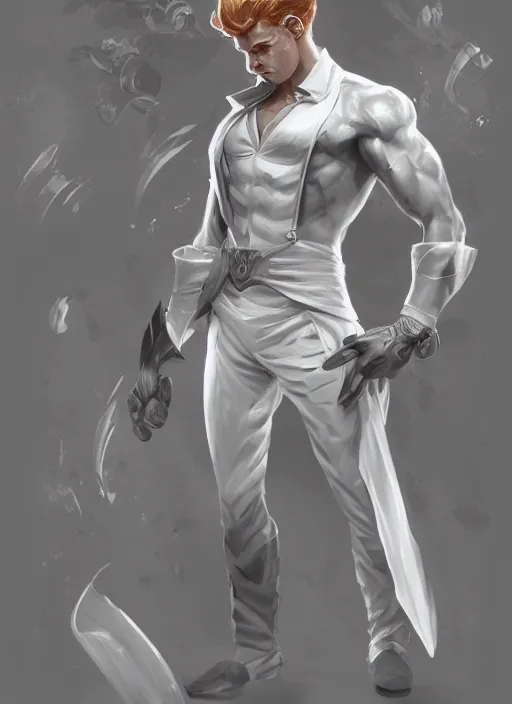 Image similar to a highly detailed illustration of short ginger haired man wearing white suit, dramatic holding book pose, muscular, intricate, elegant, highly detailed, centered, digital painting, artstation, concept art, smooth, sharp focus, league of legends concept art, WLOP