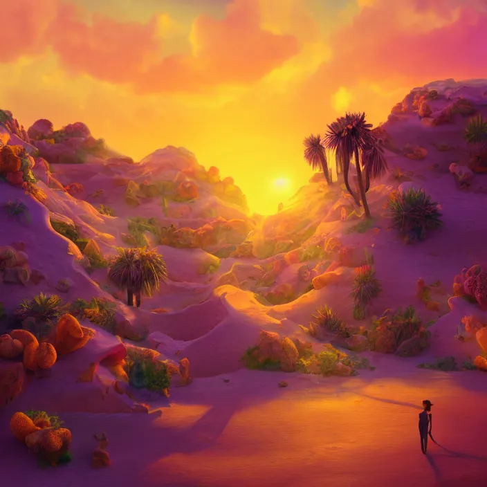 Image similar to desert made from icecream and candies, caramel colorful sun, luminescent sky, handsome, intricate, detailed, volumetric lighting, scenery, digital painting, highly detailed, artstation, sharp focus, illustration, 8 k, hyper realistic, magic world, cartoon