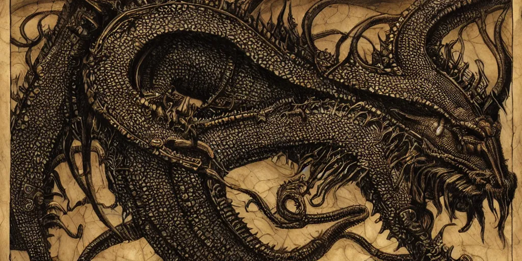 Image similar to a lovecraftian cinematic isograph print of a incan dragon by h. r giger in the style of renaissance art, trending on art station