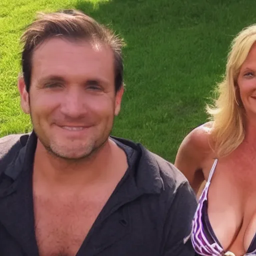 Image similar to photo of a 3 3 year old man that looks young for his age dating a very attractive 5 5 year old woman wearing a bikini.