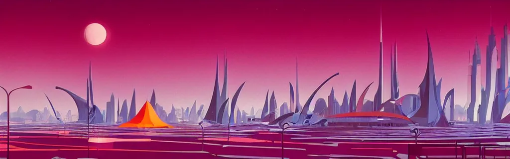 Image similar to sci - fi city with floating faceted angular buildings, modernism, gouache, animated film, stylised, illustration, by eyvind earle, scott wills, genndy tartakovski, syd mead