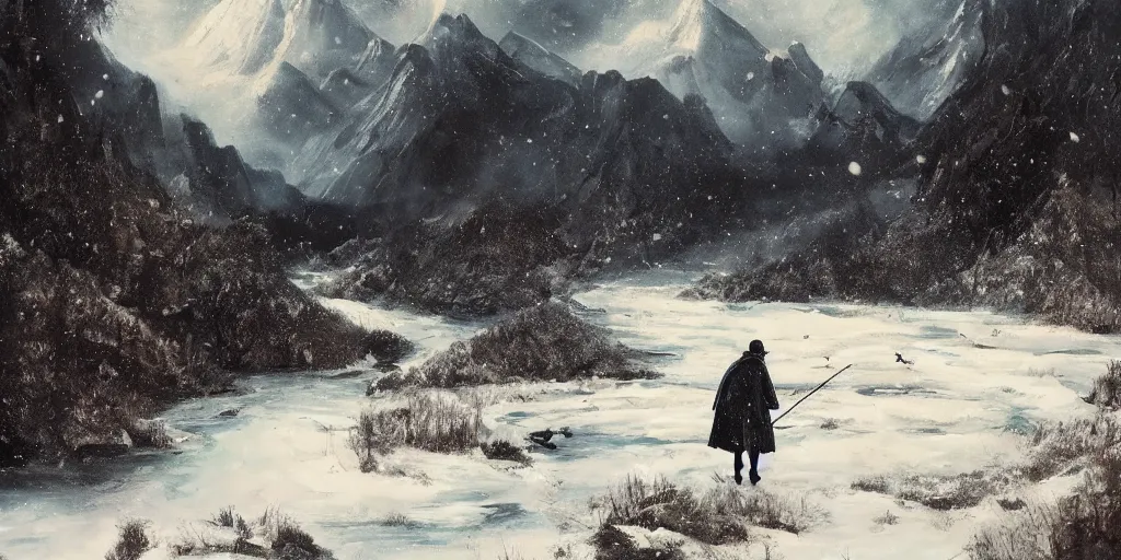 Prompt: A majestic landscape featuring a river, mountains and a forest. A small group of birds is flying in the sky. Harsh winter. very windy. There is a man walking in a deep snow.Camera is closely following the man. Cinematic, very beautiful, painting in the style of Lord of the rings