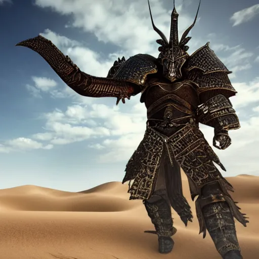 Prompt: great warrior with edgy armor facing a giant monster in black desert sands. Hyper realistic. High intricate details. Photo realistic. Hyper details.