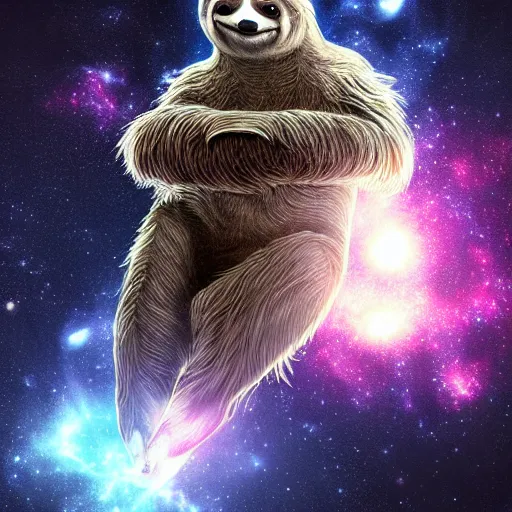 Prompt: geometric sloth with galaxy eyes in space, nebula in the background, intricate, elegant, highly detailed, digital painting, artstation, concept art, smooth, sharp focus, illustration, art by artgerm