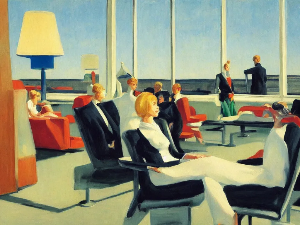 Image similar to sun setting in a airport lounge. tall, spacious, blonde woman watching landed airplane on the runway. painting by edward hopper