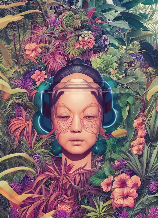 Prompt: gigantic robot head, a lot of exotic vegetation, trees, flowers by junji ito, tristan eaton, victo ngai, artgerm, rhads, ross draws, hyperrealism, intricate detailed