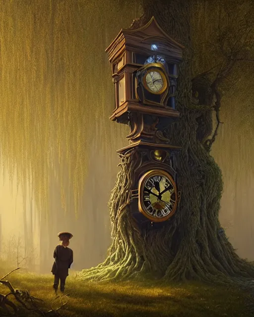 Image similar to highly detailed surreal vfx portrait of a cursed grandfather clock in a shadowy forest by a willow tree, stephen bliss, unreal engine, greg rutkowski, loish, rhads, beeple, makoto shinkai and lois van baarle, ilya kuvshinov, rossdraws, tom bagshaw, alphonse mucha, global illumination, detailed and intricate environment