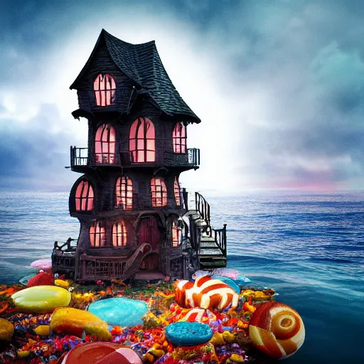 Prompt: a witches house made out of candy floating on the ocean, a scary witch standing on the front, epic scene, fantasy, cinematic, redshift render, cgi, hyper - detailed, photo - bash, 8 k post - production, masterpiece