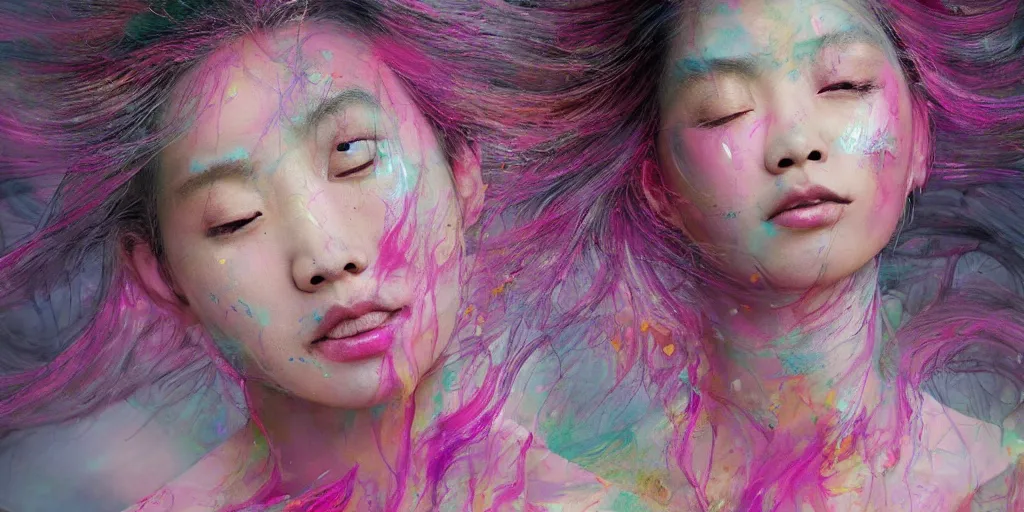 Image similar to a portrait of a very beautiful young asian goddess with pink and grey hair radiating an artwork made of swirling paint and impasto, sleepy eyes by wlop and monia merlo and fintan magee, background is multicoloured volumetric displacement, hyperrealism, subsurface scattering, arnold render, noise to volume, 8 k, houdini, xparticles