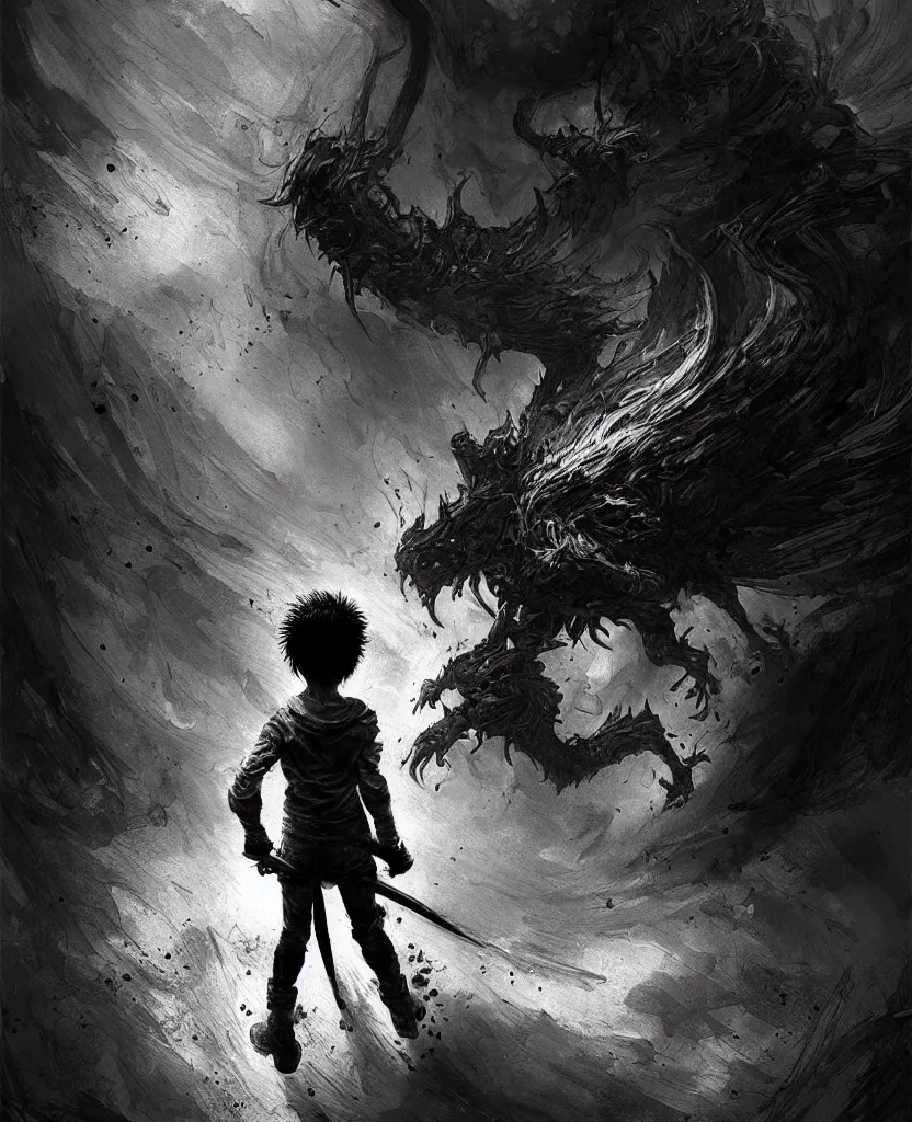 Prompt: a painting small boy fighting a giant, dark colors, sinister atmosphere, dramatic lighting, cinematic, establishing shot, extremely high detail, photo realistic, cinematic lighting, pen and ink, intricate line drawings, by Yoshitaka Amano, Ruan Jia, Kentaro Miura, Artgerm, post processed, concept art, artstation, matte painting, style by eddie mendoza, raphael lacoste, alex ross,