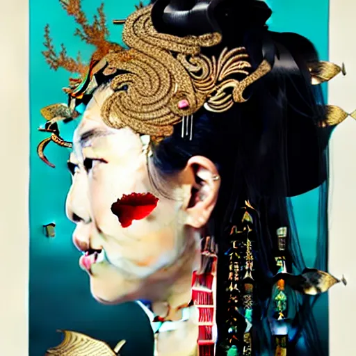 Prompt: portrait and side profile of a chinese woman :: side profile :: in ocean :: clockwork details :: gold :: blood and horror :: by vikings and Sandra Chevrier