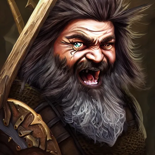 Prompt: ultrarealistic, ultradetailed, pathfinder character portrait, fierce bearded dwarf, face and body clearly visible, very very very ultradetailed, warrior, ((((battle axe)))), scary, long hair, DnD art, epic fantasy style art, fantasy epic digital art, epic fantasy art, hearthstone style art