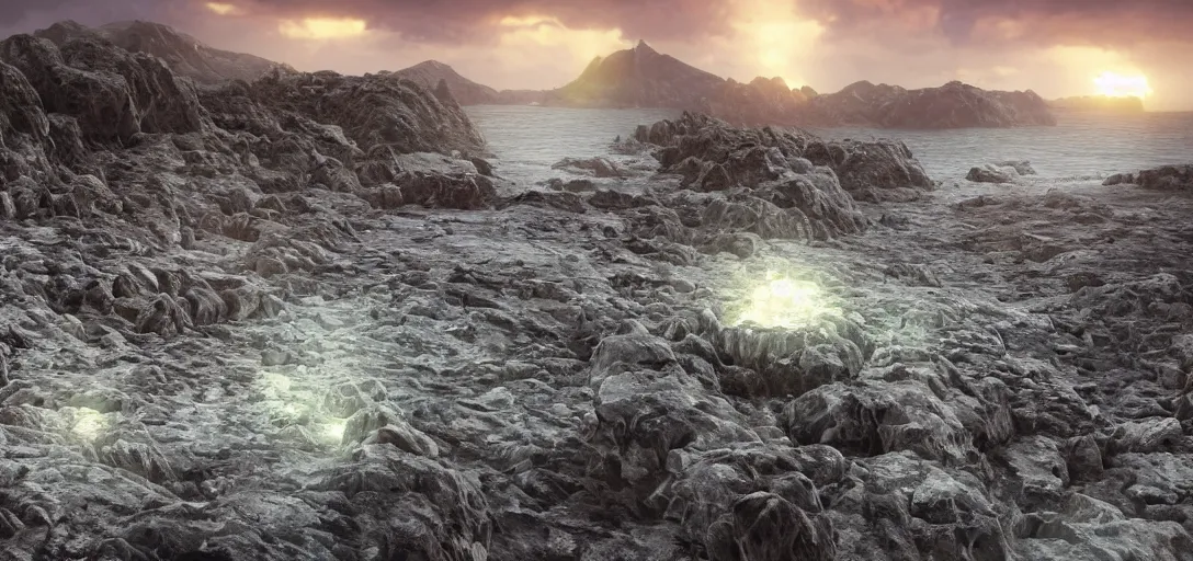 Image similar to octane render uhd, 8 k art photography, filmic lighting, cinematic art shot, hyperrealistic, hyperdetailed, super detailed, 8 k, high resolution, vast dark granite landscape with mysterious strangle glowing crystalline structure made of white rocks in the far distance, particle simulation, painting by ross tran and ivan aivazovsky, black water, sunset