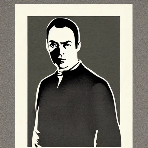 Image similar to minimalist soviet propaganda of sheldon cooper standing with folded arms, by le corbusier and diego rivera