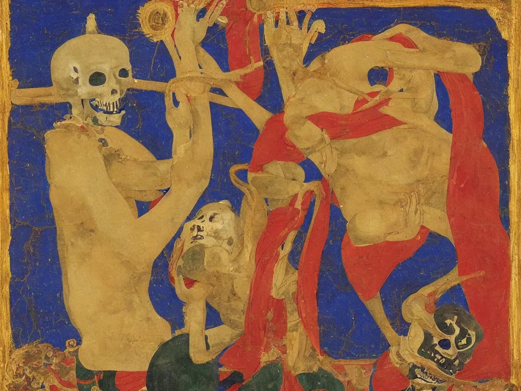 Image similar to Portrait of a Buddhist dancing deity with skull. Lapis Lazuli, malachite, cinnabar, gold. Painting by Piero della Francesca, Balthus, Agnes Pelton