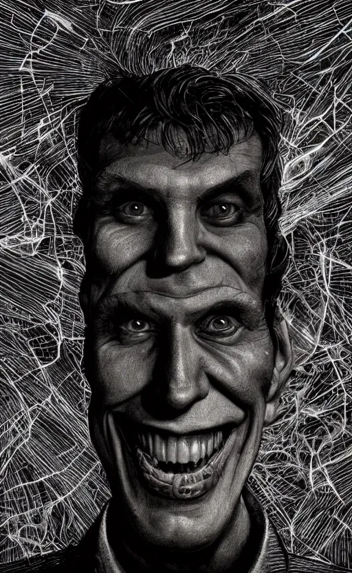 Image similar to portrait of eldritch smiling jerma, surrounded by beams of light dark background by wayne barlow, stanley donwood, anton semenov, zdzislaw bekinski, hr giger, 8 k, fantasy, dark, highly detailed