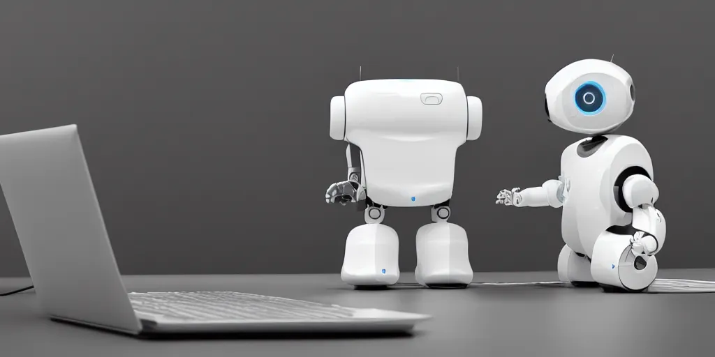 Image similar to “a cute simple robot looking at a computer photorealistic”