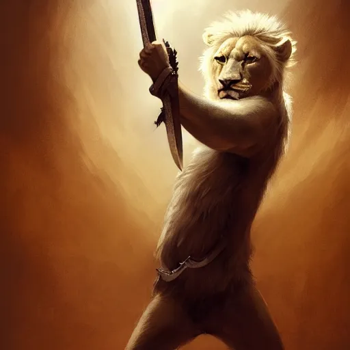 Prompt: commission of a male anthropomorphic albino lion holding a sword,digital art,art by greg rutkowski,trevor henderson,ross tran,photorealistic,hyperdetailes,highly realistic,natural lighting,deviantart,artstation,dramatic,cinematic,4k,western comic style,sharp lineart,hard shadows