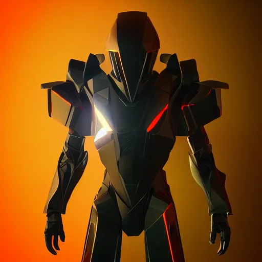 Image similar to “ shiny black low poly sharp angular edgy polygonal sci - fi armor cinematic shot dynamic pose red glowing lines deviant art art station 4 k octane render bloom effect war frame fanart destiny 2 fanart ”