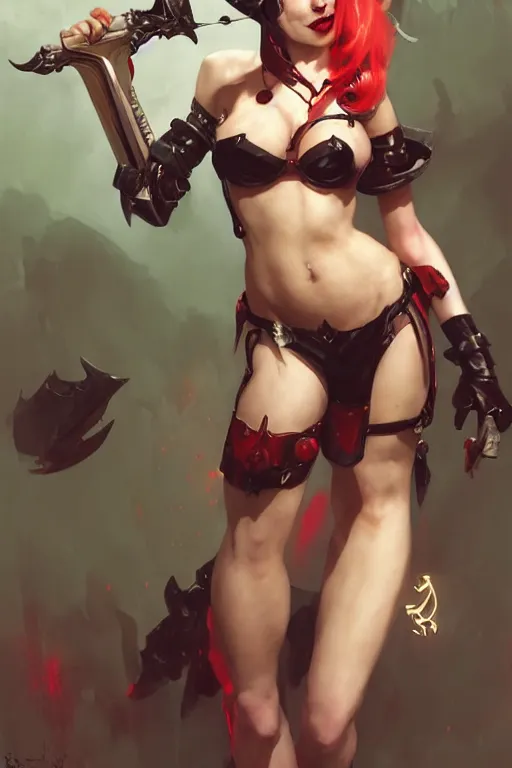 Image similar to portrait of succubus Harley Quinn in bikini armor, dc comics, cyberpunk, Warhammer 40000, dark fantasy, digital art from artstation by Ruan Jia and Mandy Jurgens and Artgerm and william-adolphe bouguereau