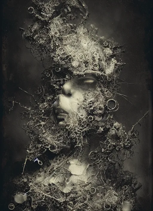 Prompt: old wetplate daguerreotype grafted demons, explosion of data fragments, fractal, intricate, elegant, highly detailed, parallax, leica, medium format, subsurface scattering, by jheronimus bosch and greg rutkowski and louis jacques mande daguerre