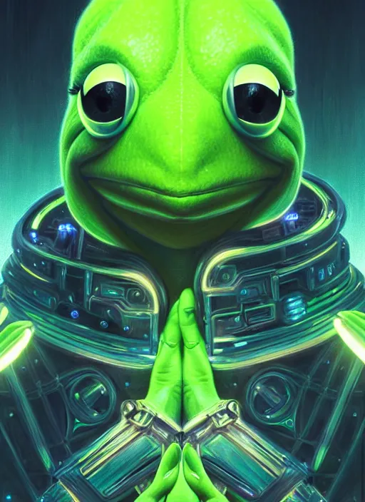 Prompt: symmetry portrait of kermit the frog, sci - fi, tech wear, glowing lights intricate, elegant, highly detailed, digital painting, artstation, concept art, smooth, sharp focus, illustration, art by artgerm and greg rutkowski and alphonse mucha